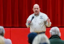 Yavapai County District 2 Supervisor James Gregory speaks at a meeting of the Cornville Community Association on Tuesday, Jan. 14, at Oak Creek Elementary School. Gregor y answered questions from the groups and also brought staff from the county’s road department, development services department and sheriff’s office. Photos by Daulton Venglar/Larson Newspapers