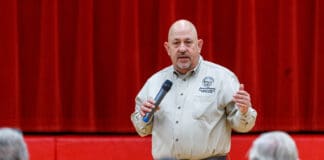 Yavapai County District 2 Supervisor James Gregory speaks at a meeting of the Cornville Community Association on Tuesday, Jan. 14, at Oak Creek Elementary School. Gregor y answered questions from the groups and also brought staff from the county’s road department, development services department and sheriff’s office. Photos by Daulton Venglar/Larson Newspapers